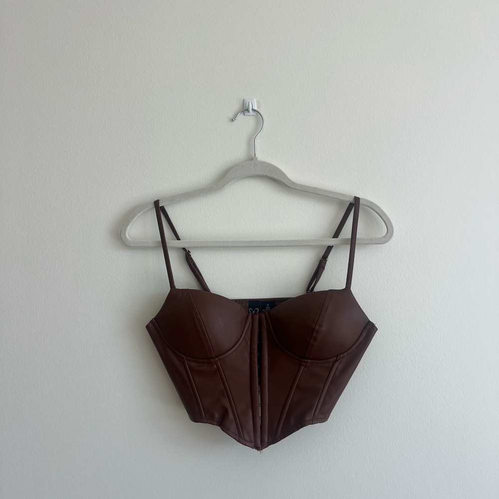 Windsor Chocolate Brown Faux Leather Corset Top | Structured Luxe | Size Small